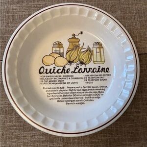 VTG Quiche Lorraine Recipe Ceramic Fluted Pie Plate Cream Brown Trim Farmhouse